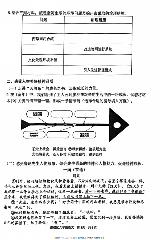 六年级鼓楼区2023-2024年度上册语文期末考试卷